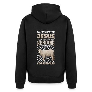Jesus and Sheep - Corriedale Domestic Sheep - Unisex Premium Organic Zip Hoodie - black - Back - Nico (187cm)