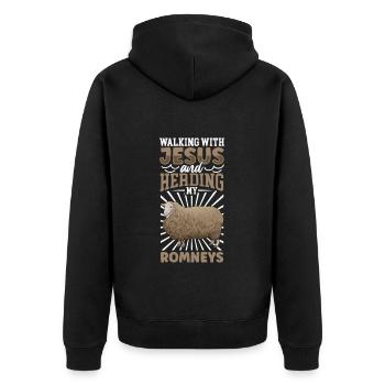 Jesus und Schaf - Romney-Schaf - Unisex Premium Bio Zip Hoodie - Schwarz - Hinten - Nico (187cm)