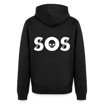 SOS Totenkopf Design mit Knochen Comic Stil - Unisex Premium Bio Zip Hoodie - Schwarz - Hinten - Nico (187cm)