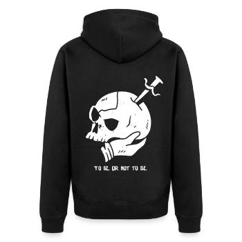 Totenkopf mit Dolch und Hamlet Zitat - Unisex Premium Bio Zip Hoodie - Schwarz - Hinten - Nico (187cm)