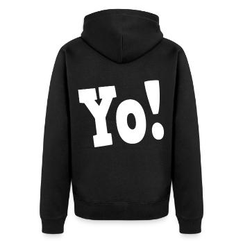 Yo Ausruf in fetter weißer Schrift - Unisex Premium Bio Zip Hoodie - Schwarz - Hinten - Nico (187cm)