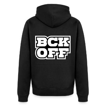 geh weg - Unisex Premium Bio Zip Hoodie - Schwarz - Hinten - Nico (187cm)