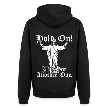 Einen habe ich noch. Jesus erzählt noch einen Witz - Unisex Premium Bio Zip Hoodie - Schwarz - Hinten - Nico (187cm)