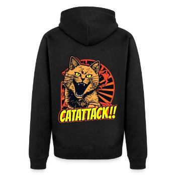 Wütende Kampfkatze mit gelben Augen im Angriff - Unisex Premium Bio Zip Hoodie - Schwarz - Hinten - Nico (187cm)