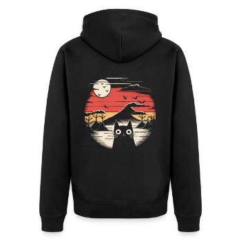 Japanische Natur: Berge und kawaii Katze - Unisex Premium Bio Zip Hoodie - Schwarz - Hinten - Nico (187cm)