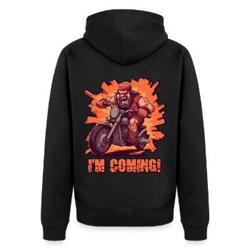 Un motard en colère arrive - Veste à capuche bio Premium Unisexe - noir - Dos - Nico (187cm)
