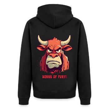 Horns of Wrath: Farm Bull Cow - Unisex Premium Organic Zip Hoodie - black - Back - Nico (187cm)