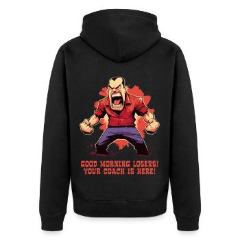 Lustiger wütender Trainer: Guten Morgen, Verlierer - Unisex Premium Bio Zip Hoodie - Schwarz - Hinten - Nico (187cm)