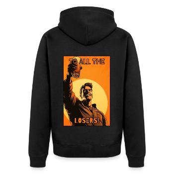 Cheers to all losers - Unisex Premium Organic Zip Hoodie - black - Back - Nico (187cm)