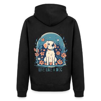 Lebe wie ein Hund - Unisex Premium Bio Zip Hoodie - Schwarz - Hinten - Nico (187cm)