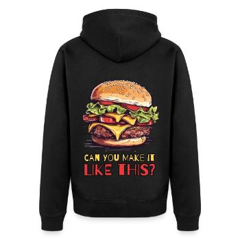Können Sie das wie diesen Cheeseburger machen - Unisex Premium Bio Zip Hoodie - Schwarz - Hinten - Nico (187cm)