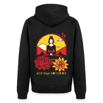 Ruhe bewahren und loslassen mit Yoga - Unisex Premium Bio Zip Hoodie - Schwarz - Hinten - Nico (187cm)