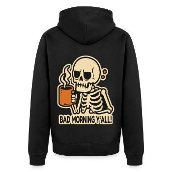 mauvaise salutation matinale, squelette fatigué avec du café - Veste à capuche bio Premium Unisexe - noir - Dos - Nico (187cm)