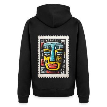 Bunte Maske im Tribal-Stil auf Briefmarke - Unisex Premium Bio Zip Hoodie - Schwarz - Hinten - Nico (187cm)