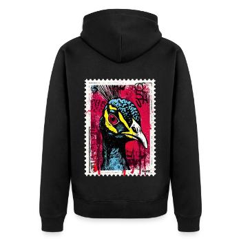 Pfau mit pinkem Blick im Streetart-Look - Unisex Premium Bio Zip Hoodie - Schwarz - Hinten - Nico (187cm)