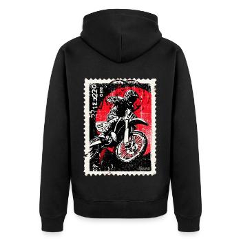 Motocross rider in front of red sun postage stamp - Unisex Premium Organic Zip Hoodie - black - Back - Nico (187cm)