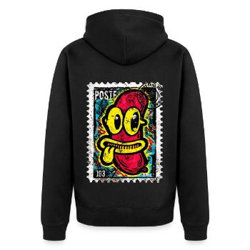Freche Comic-Wurst mit Zunge auf Briefmarke - Unisex Premium Bio Zip Hoodie - Schwarz - Hinten - Nico (187cm)