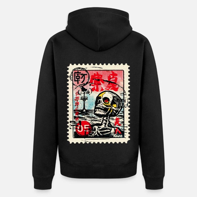 Crâne sur un timbre-poste japonais - Veste à capuche bio Premium Unisexe - noir