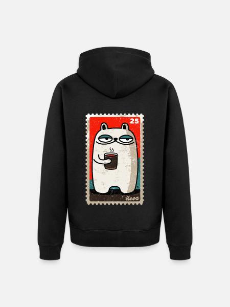 Kaffee-Katze als Comic-Briefmarke - Unisex Premium Bio Zip Hoodie - Schwarz