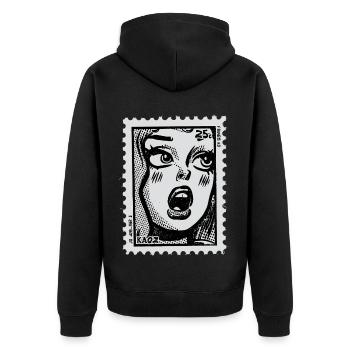 Comicfrau im Schock – Pop-Art Briefmarke - Unisex Premium Bio Zip Hoodie - Schwarz - Hinten - Nico (187cm)