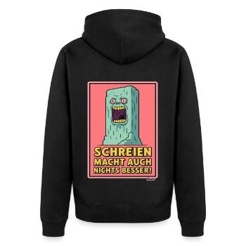 Schreiender Monolit mit genervtem Spruch - Unisex Premium Bio Zip Hoodie - Schwarz - Hinten - Nico (187cm)