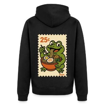 Happy frog with ramen on postage stamp - Unisex Premium Organic Zip Hoodie - black - Back - Nico (187cm)