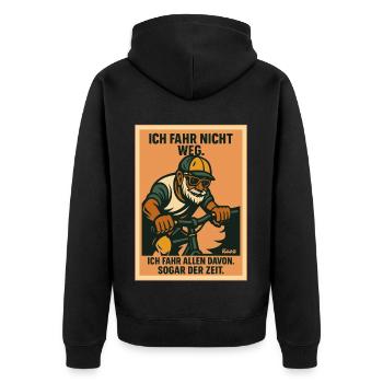 Alter Mann fährt Rad, Allen und der Zeit davon - Unisex Premium Bio Zip Hoodie - Schwarz - Hinten - Nico (187cm)
