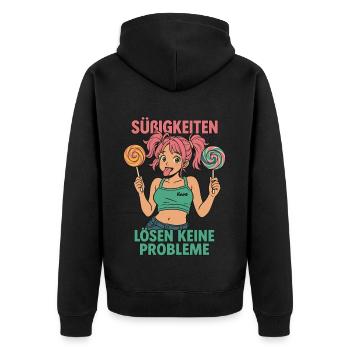 SÜßIGKEITEN LÖSEN KEINE PROBLEME - Unisex Premium Bio Zip Hoodie - Schwarz - Hinten - Nico (187cm)