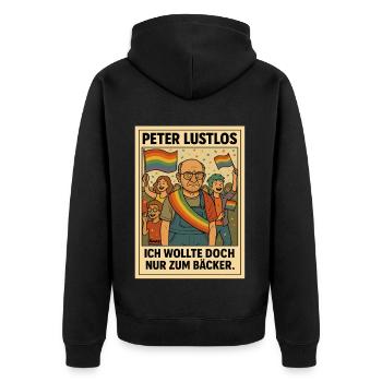 Peter Lustlos: Ich wollte doch nur zum Bäcker - Unisex Premium Bio Zip Hoodie - Schwarz - Hinten - Nico (187cm)