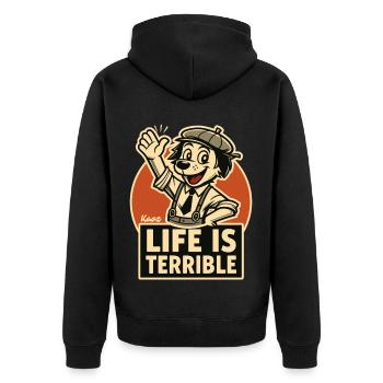 Lächelnder Hund – Das Leben ist schrecklich - Unisex Premium Bio Zip Hoodie - Schwarz - Hinten - Nico (187cm)