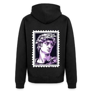 David aus Florenz Briefmarke – Klassik in Lila - Unisex Premium Bio Zip Hoodie - Schwarz - Hinten - Nico (187cm)