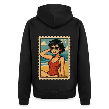 Sommer-Sonne-Girlals Retro Briefmarke - Unisex Premium Bio Zip Hoodie - Schwarz - Hinten - Nico (187cm)