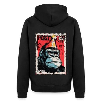 Gorilla mit Partyhut auf einer Briefmarke - Unisex Premium Bio Zip Hoodie - Schwarz - Hinten - Nico (187cm)