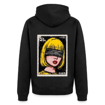 Woman with blindfold in pop art stamp - Unisex Premium Organic Zip Hoodie - black - Back - Nico (187cm)