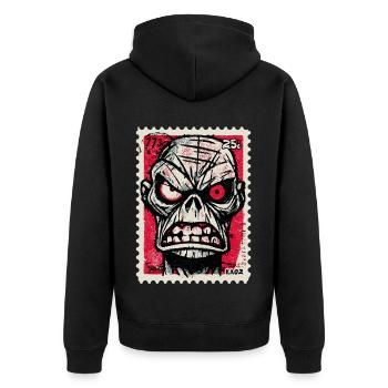 Wütender Totenkopf auf Briefmarke - Unisex Premium Bio Zip Hoodie - Schwarz - Hinten - Nico (187cm)