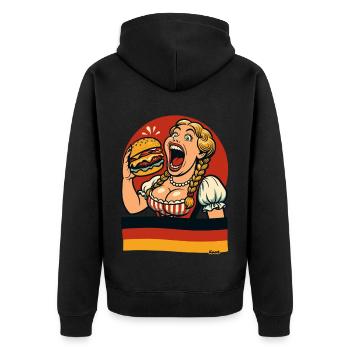 Dirndl-Frau isst Riesen-Burger - Unisex Premium Bio Zip Hoodie - Schwarz - Hinten - Nico (187cm)