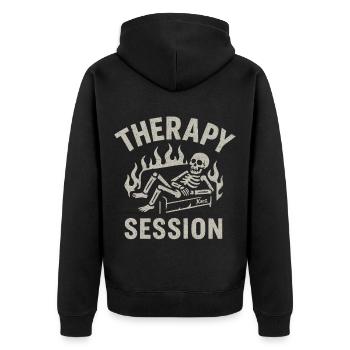 Therapiestunde Skelett – Alles brennt trotzdem - Unisex Premium Bio Zip Hoodie - Schwarz - Hinten - Nico (187cm)