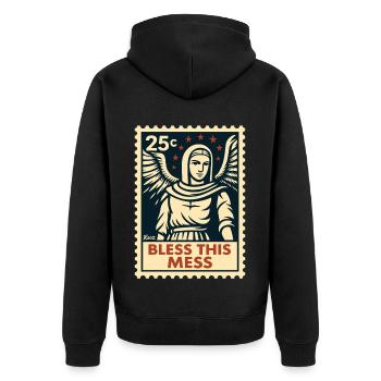 Segne dieses Chaos – Engel Briefmarke - Unisex Premium Bio Zip Hoodie - Schwarz - Hinten - Nico (187cm)