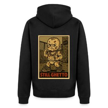 Immer noch Ghetto – Baby mit Faust und Goldkette - Unisex Premium Bio Zip Hoodie - Schwarz - Hinten - Nico (187cm)
