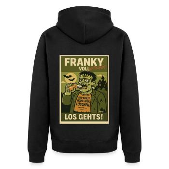 Franky – Der Durst wird gelöscht! - Unisex Premium Bio Zip Hoodie - Schwarz - Hinten - Nico (187cm)