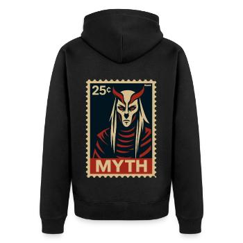 MYTHOS – Dämonische Legende als Briefmarke - Unisex Premium Bio Zip Hoodie - Schwarz - Hinten - Nico (187cm)