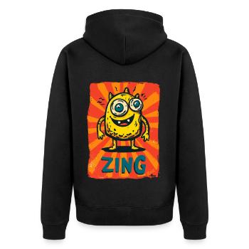 Zing Monster – Gelb, laut und verrückt - Unisex Premium Bio Zip Hoodie - Schwarz - Hinten - Nico (187cm)