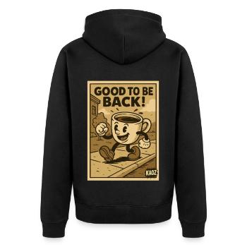 Fröhliche Kaffeetasse geht spazieren - Unisex Premium Bio Zip Hoodie - Schwarz - Hinten - Nico (187cm)