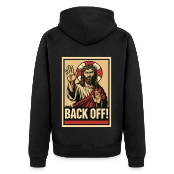 Jesus sagt Stopp und Abstand halten - Unisex Premium Bio Zip Hoodie - Schwarz - Hinten - Nico (187cm)