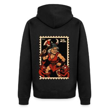 Wikinger Oma mit Axt kämpft gegen rote Dämonen - Unisex Premium Bio Zip Hoodie - Schwarz - Hinten - Nico (187cm)