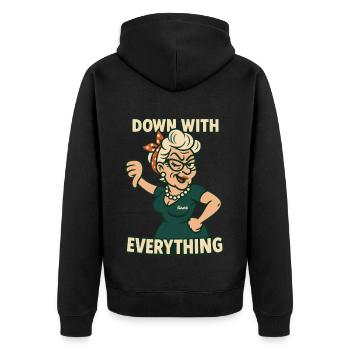 Naughty granny with thumbs down: against everything - Unisex Premium Organic Zip Hoodie - black - Back - Nico (187cm)
