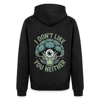 Brokkoli mit Auge und frechem Spruch - Unisex Premium Bio Zip Hoodie - Schwarz - Hinten - Nico (187cm)