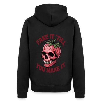 Erdbeer Totenkopf mit frechem Spruch - Unisex Premium Bio Zip Hoodie - Schwarz - Hinten - Nico (187cm)