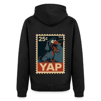 Comic Dackel auf Briefmarke mit Yap - Unisex Premium Bio Zip Hoodie - Schwarz - Hinten - Nico (187cm)