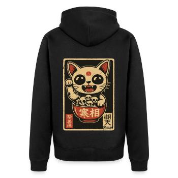 Dunkle Winke-Katze mit Totenköpfen - Unisex Premium Bio Zip Hoodie - Schwarz - Hinten - Nico (187cm)